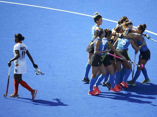 Argentina celebrate their third goal, scored by Carla Rebecchi. (REUTERS) 