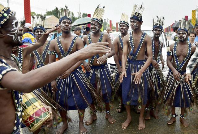 Members of Siddi Goma tribes of Gujarat perform at the inauguration of Bharat Parv in New Delhi on Friday. (PTI) Members of Siddi Goma tribes of Gujarat perform at the inauguration of Bharat Parv in New Delhi on Friday. (PTI)