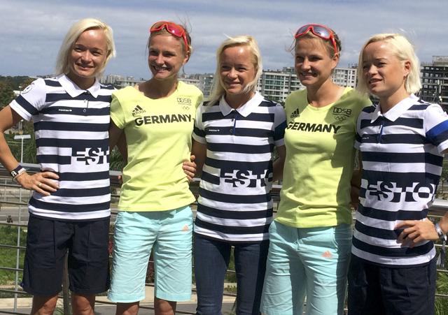 Marathon runners from Estonia, identical triplets (striped shirts L-R) Leila, Lily and Liina Luik, pose with runners from Germany, identical twins (yellow shirts L-R) Anna and Lisa Hahner. (REUTERS) Marathon runners from Estonia, identical triplets (striped shirts L-R) Leila, Lily and Liina Luik, pose with runners from Germany, identical twins (yellow shirts L-R) Anna and Lisa Hahner. (REUTERS)