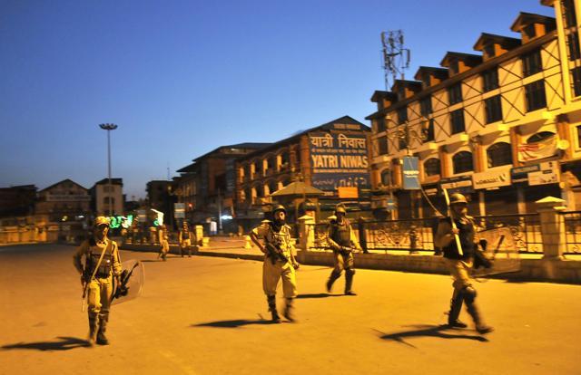 Paramilitary soldiers patrolling near Lal Chowk in Srinagar. Close to 60 have been killed so far during the past 35 days in the protests over the killing of Burhan Wani. (Waseem Andrabi / HT Photo) Paramilitary soldiers patrolling near Lal Chowk in Srinagar. Close to 60 have been killed so far during the past 35 days in the protests over the killing of Burhan Wani. (Waseem Andrabi / HT Photo)