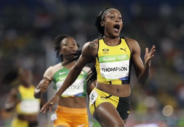 Thompson, 24, was second slowest out of the blocks but powered away from the field over the last 50 metres. she clocked 10.71 seconds. (AP) Thompson, 24, was second slowest out of the blocks but powered away from the field over the last 50 metres. she clocked 10.71 seconds. (AP)