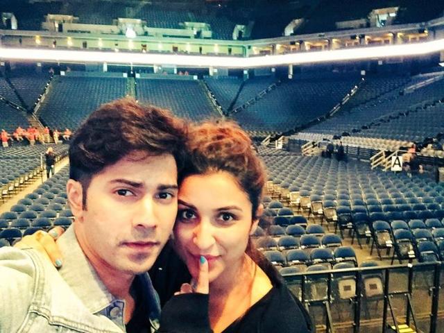 Varun Dhawan and Parinneti Chopra at the performance venue in Houston, USA. (Twitter) 