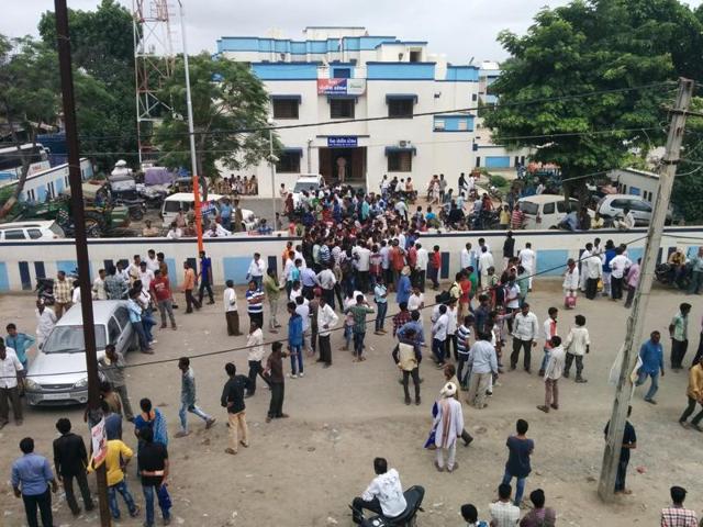 Dalit activists gather in front of the Una police station on Monday. (Sudipto Mondal/HT Photo) Dalit activists gather in front of the Una police station on Monday. (Sudipto Mondal/HT Photo)