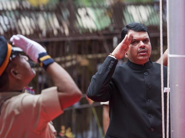 Chief minister Devendra Fadnavis during the flag hoisting ceremony at the Mantralaya in Mumbai on Monday. (satish bate/ ht photo) 