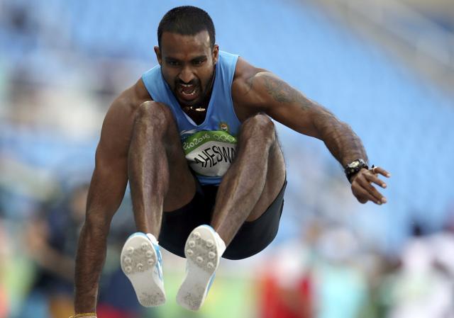 Renjith Maheshwary during the triple jump qualification. (REUTERS) Renjith Maheshwary during the triple jump qualification. (REUTERS)