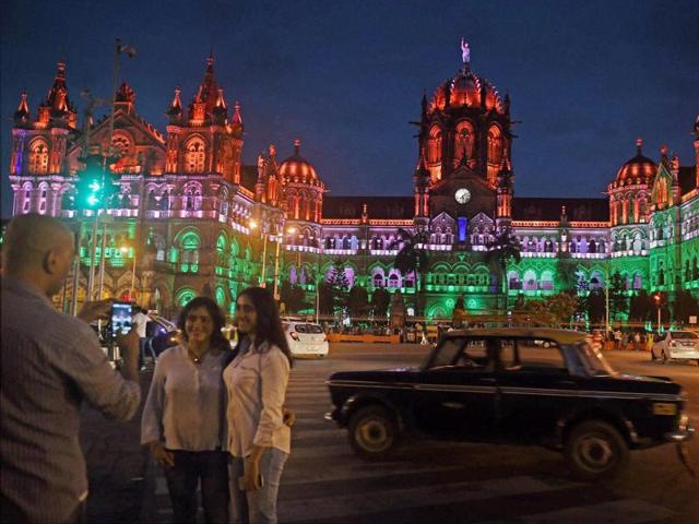 The Chhatrapati Shivaji terminus presents an impressive facade on the eve of August 15; always a hit with locals and tourists alike.  (PTI Photo) 