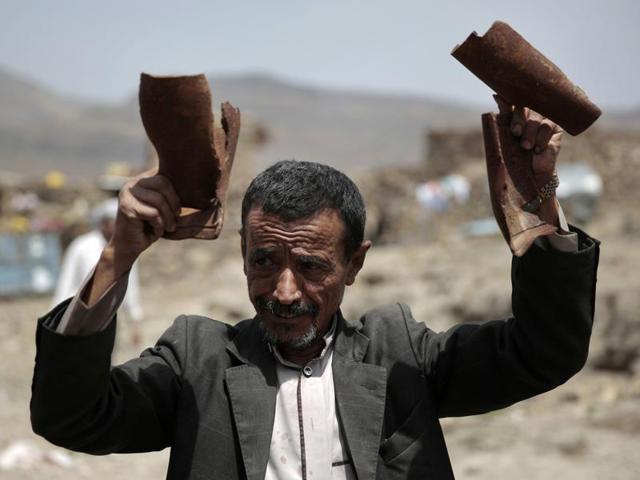 Mourners carry the body of Youssef al-Salmi, a 10-year-old boy who was killed when a bomb exploded while he was playing with it near his family's house in Hasn Faj Attan village, Yemen. Rights groups and UN agencies have expressed concern that even if the fighting is brought to an end, the country will still grapple with a brutal legacy of unexploded munitions. (AP Photo) Mourners carry the body of Youssef al-Salmi, a 10-year-old boy who was killed when a bomb exploded while he was playing with it near his family's house in Hasn Faj Attan village, Yemen. Rights groups and UN agencies have expressed concern that even if the fighting is brought to an end, the country will still grapple with a brutal legacy of unexploded munitions. (AP Photo)