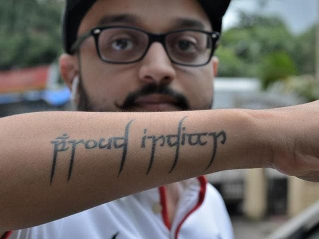 A man flaunts a tattoo that says “proud Indian” at Hiranandani in Powai, Mumbai.  (prashant waydande/ht photo) 