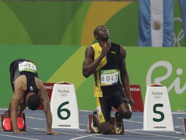 Bolt at the starting block, praying for a bit of diving grace! (AP photo)
