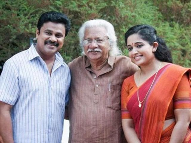 Adoor Gopalakrishnan with the lead stars, Dileep and Kavya Madhavan, from his new film, Pinneyum.