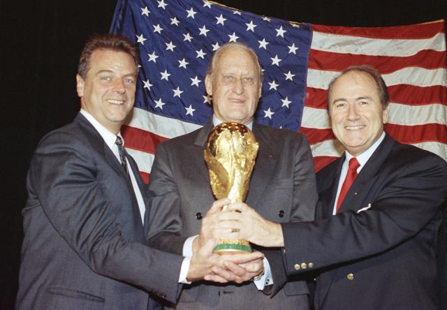 In this November 28, 1990 file photo, Fifa president Joao Havelange stands between other football officials Alan I Rothenberg, left, and Joseph S. Blatter with the 1994 Fifa World Cup trophy in New York. (AP) In this November 28, 1990 file photo, Fifa president Joao Havelange stands between other football officials Alan I Rothenberg, left, and Joseph S. Blatter with the 1994 Fifa World Cup trophy in New York. (AP)