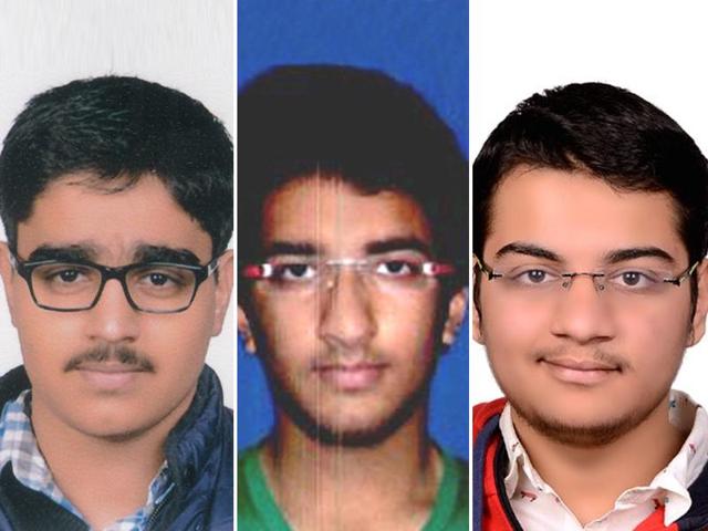 Combo image of NEET 2016 topper Het Shah (extreme right), second topper Ekansh Goyal (Middle) and third topper Nikhil Bajiya (Left).(Handout image)