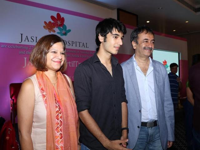 Filmmaker Rajkumar Hirani with wife Manjeet Hirani and son Vir Hirani during the launch of Jaslok hospital`s new wing Jaslok Fertility Tree, in Mumbai. (IANS)