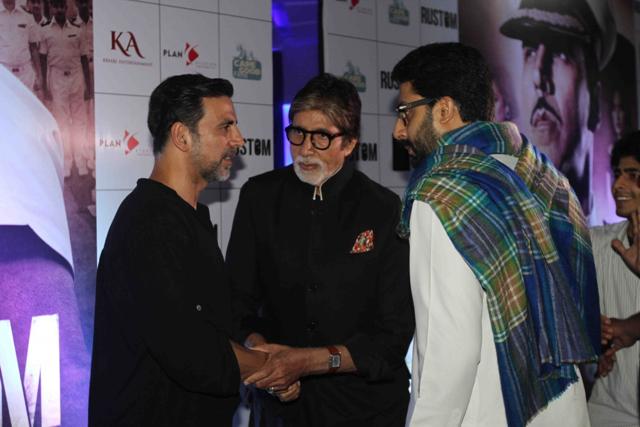 Amitabh Bachchan, Abhishek Bachchan and Akshay Kumar during the screening of film Rustom in Mumbai. (IANS) Amitabh Bachchan, Abhishek Bachchan and Akshay Kumar during the screening of film Rustom in Mumbai. (IANS)