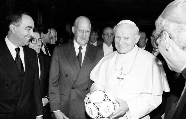 Pope John Paul II holds a ball to be used in the World Cup opening game as Fifa president Joao Havelange looks on in Rome, on December 9, 1989. (REUTERS) Pope John Paul II holds a ball to be used in the World Cup opening game as Fifa president Joao Havelange looks on in Rome, on December 9, 1989. (REUTERS)