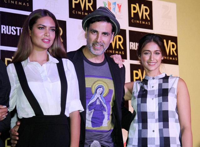 Akshay Kumar, Ileana D’Cruz and Esha Gupta at a promotional event of their movie Rustom, in New Delhi. (PTI)