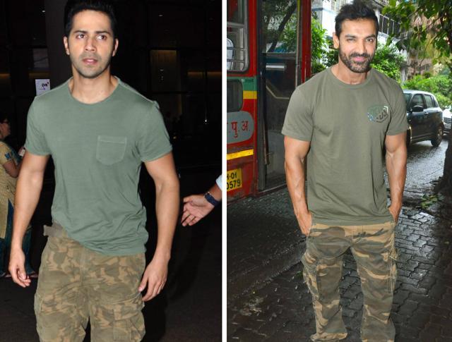 Dishoom co-stars Varun Dhawan and John Abraham spotted in army prints, and that too a similar look. (HT ) Dishoom co-stars Varun Dhawan and John Abraham spotted in army prints, and that too a similar look. (HT )