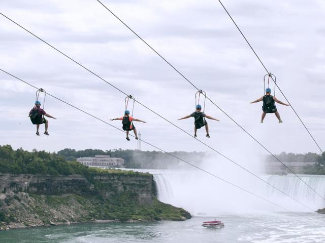 The four zip lines at Niagara Falls, angling 2,200 feet along the Canadian side of the gorge, have been designed to be sensitive to the local environment. (AP) The four zip lines at Niagara Falls, angling 2,200 feet along the Canadian side of the gorge, have been designed to be sensitive to the local environment. (AP)