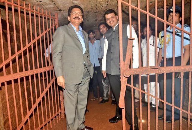 Maharashtra governor Ch Vidyasagar Rao with chief minister Devendra Fadnavis at the entrance to the bunker. (Devendra Fadnavis Twitter account)