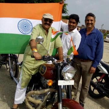 Badnore atop a bike during the BJP’s Tiranga Yatra at Nimbahera in Rajasthan, in a photo uploaded on Wednesday on his Facebook page.