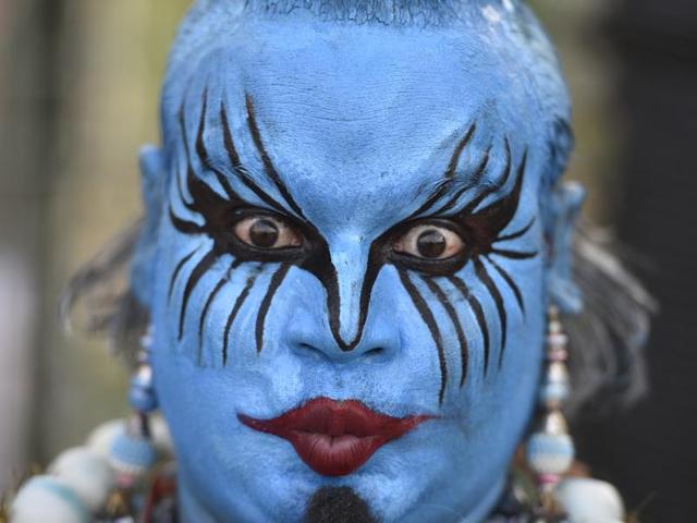 An artist dresses as a devil at the Bharat Parv as part of Independence Day celebrations in New Delhi. (Raj K Raj/HT Photo) 