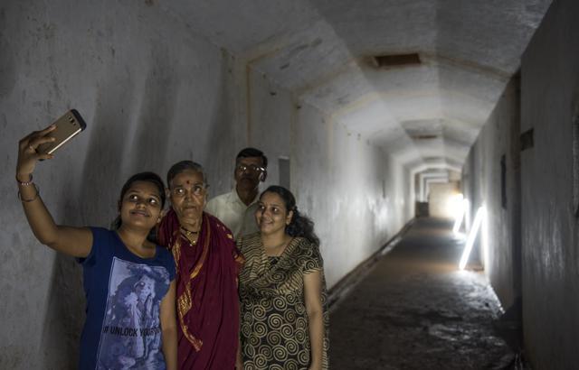 Visitors take a selfie at the underground bunker under the gubernatorial residence in Malabar Hill on Wednesday. (Satish Bate/HT PHOTO)