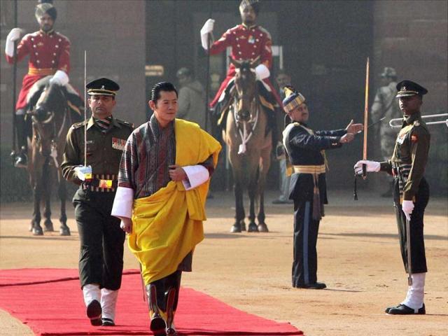 King of Bhutan, Jigme Khesar Namgyel Wangchuck, inspects the guard of honour during a ceremonial reception at the Rashtrapati Bhawan in New Delhi.(PTI File Photo)