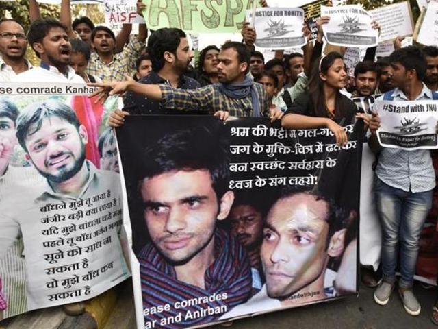 Demonstrators shout slogans as they hold placards during a protest over the JNU sedition row, in New Delhi. (Virendra Singh Gosain/HT File Photo) Demonstrators shout slogans as they hold placards during a protest over the JNU sedition row, in New Delhi. (Virendra Singh Gosain/HT File Photo)