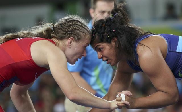 Sakshi Malik in action against Mariana Cherdivara-Esanu of Moldova. (REUTERS) Sakshi Malik in action against Mariana Cherdivara-Esanu of Moldova. (REUTERS)