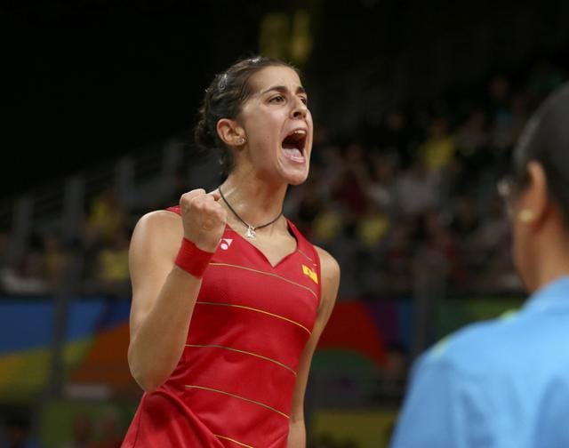 Carolina Marin celebrates her win with a fist-pump. (REUTERS) Carolina Marin celebrates her win with a fist-pump. (REUTERS)