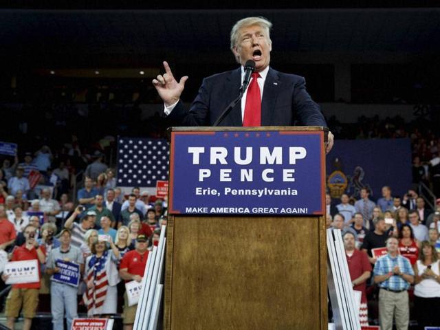 File photo of Republican presidential candidate Donald Trump during a campaign rally, in Erie, Pennsylvania. (AP) File photo of Republican presidential candidate Donald Trump during a campaign rally, in Erie, Pennsylvania. (AP)