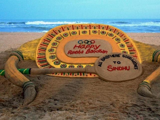 Sand sculpture created on the eve of Rakhi Purnima at Puri beach on Wednesday. (PTI) Sand sculpture created on the eve of Rakhi Purnima at Puri beach on Wednesday. (PTI)