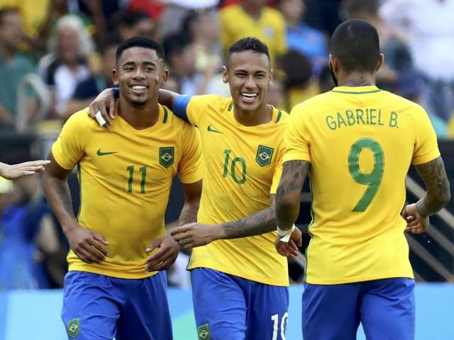 Manchester City’s new recruit Gabriel Jesus (left) scored next to put Brazil two goals ahead. (REUTERS)