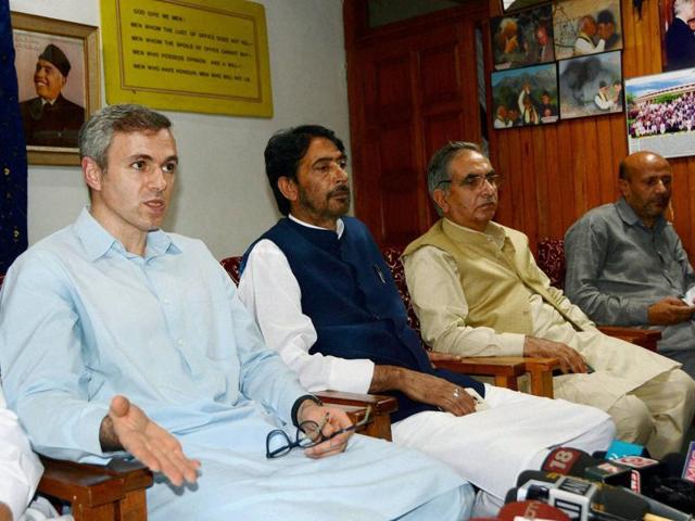 Former J-K chief minister Omar Abdullah addresses a press conference with JKPCC chief Ghulam Ahamd Mir and other opposition party leaders in Srinagar. (PTI Photo) Former J-K chief minister Omar Abdullah addresses a press conference with JKPCC chief Ghulam Ahamd Mir and other opposition party leaders in Srinagar. (PTI Photo)
