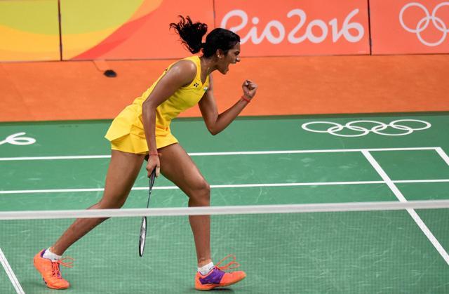 Sindhu celebrates her win over Nozomi Okuhara. (PTI) Sindhu celebrates her win over Nozomi Okuhara. (PTI)