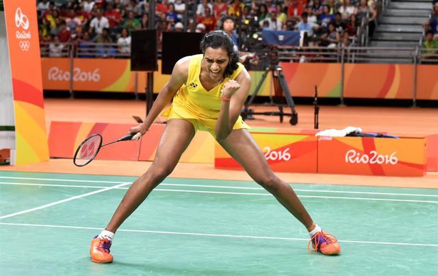 Sindhu reacts after winning a point against Marin in women's singles final at the 2016 Summer Olympics. (PTI Photo) Sindhu reacts after winning a point against Marin in women's singles final at the 2016 Summer Olympics. (PTI Photo)