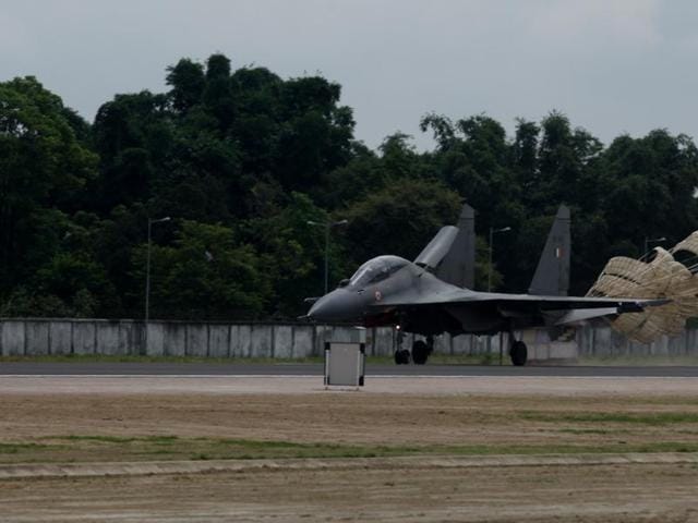 A Sukhoi-30 fighter jet at the advance landing ground at Pasighat in Arunachal Pradesh. (HT Photo) A Sukhoi-30 fighter jet at the advance landing ground at Pasighat in Arunachal Pradesh. (HT Photo)