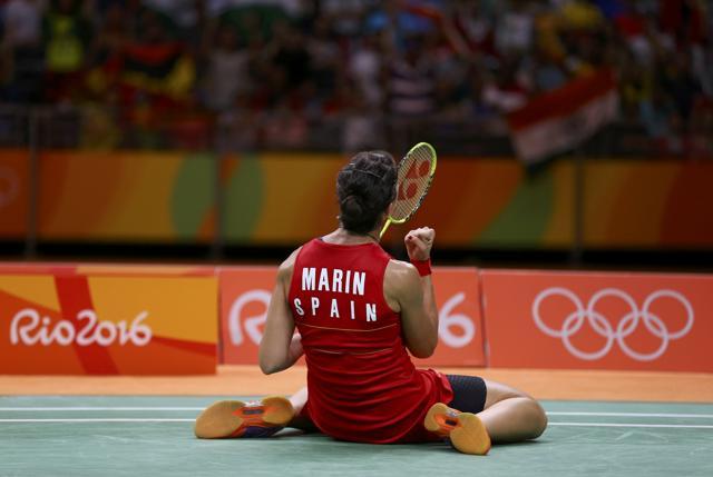 Carolina Marin celebrates during her match against PV Sindhu. (Reuters Photo) Carolina Marin celebrates during her match against PV Sindhu. (Reuters Photo)