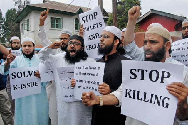 Members of Jammu and Kashmir Youth Ulema in Srinagar shout slogans against civilian killings. (PTI) Members of Jammu and Kashmir Youth Ulema in Srinagar shout slogans against civilian killings. (PTI)
