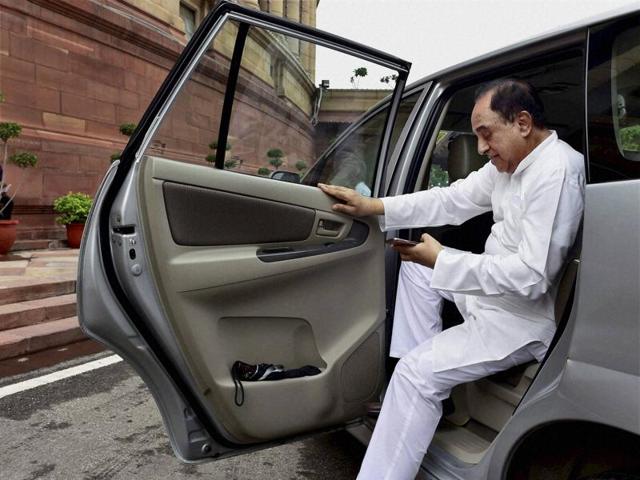 BJP member Subramanian Swamy arrives at Parliament house during the monsoon session in New Delhi on Thursday. (PTI) BJP member Subramanian Swamy arrives at Parliament house during the monsoon session in New Delhi on Thursday. (PTI)
