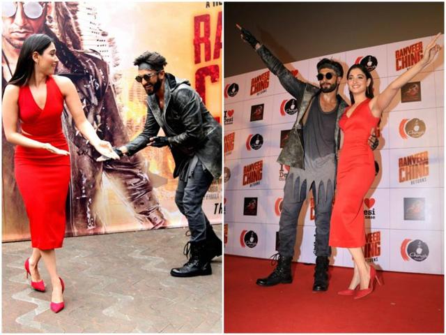 Bollywood actors Ranveer Singh and Tamanaah Bhatia have a blast during the trailer launch of their ad film, Ranveer Ching Returns, directed by Rohit Shetty in Mumbai on Friday. (PTI/IANS)