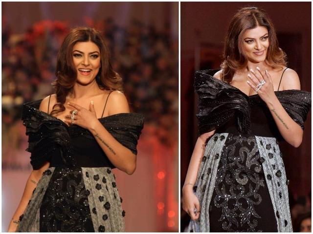 Sush commanded the ramp with a sparkly, Rebecca Dewan dress with crystal detailing. (PTI)