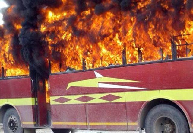 The bus torched by people near Baddowal on Ferozepur road in Ludhiana on Thursday. (JS Grewal/HT Photo) The bus torched by people near Baddowal on Ferozepur road in Ludhiana on Thursday. (JS Grewal/HT Photo)