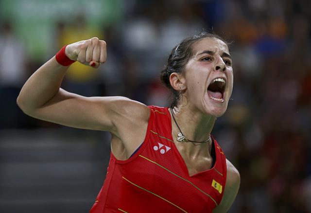 Carolina Marin celebrates during her match against PV Sindhu. (REUTERS)