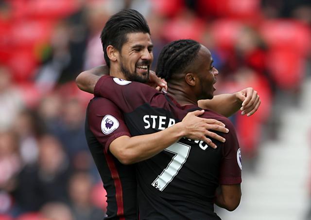 Manchester City's Raheem Sterling, foreground and Manuel Agudo Nolito celebrate after the final whistle. (AP Photo) Manchester City's Raheem Sterling, foreground and Manuel Agudo Nolito celebrate after the final whistle. (AP Photo)