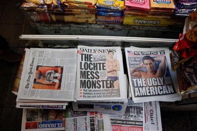 The front pages of the New York Post and the New York Daily News display the image of U.S. Olympic swimmer Ryan Lochte in New York on Friday. (Reuters) The front pages of the New York Post and the New York Daily News display the image of U.S. Olympic swimmer Ryan Lochte in New York on Friday. (Reuters)