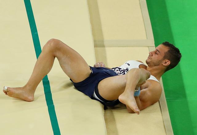 Samir Ait Said of France breaks his leg while competing on the vault. (Getty Images) Samir Ait Said of France breaks his leg while competing on the vault. (Getty Images)