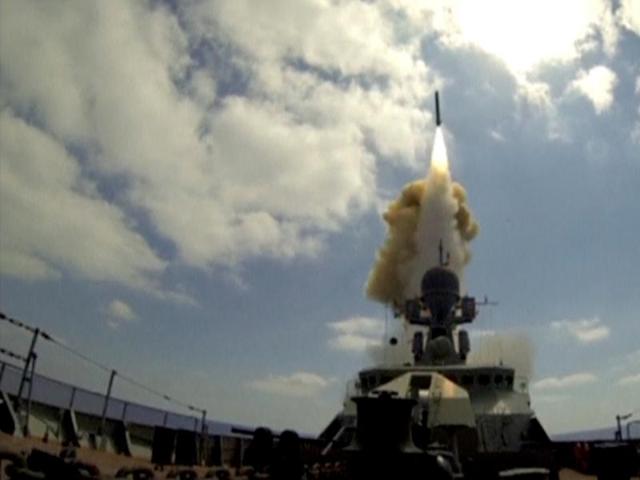 A still image, taken from video footage and released by Russia's Defence Ministry on August 19, 2016, shows a rocket being launched from a Russian corvette in the Mediterranean Sea. (REUTERS) A still image, taken from video footage and released by Russia's Defence Ministry on August 19, 2016, shows a rocket being launched from a Russian corvette in the Mediterranean Sea. (REUTERS)