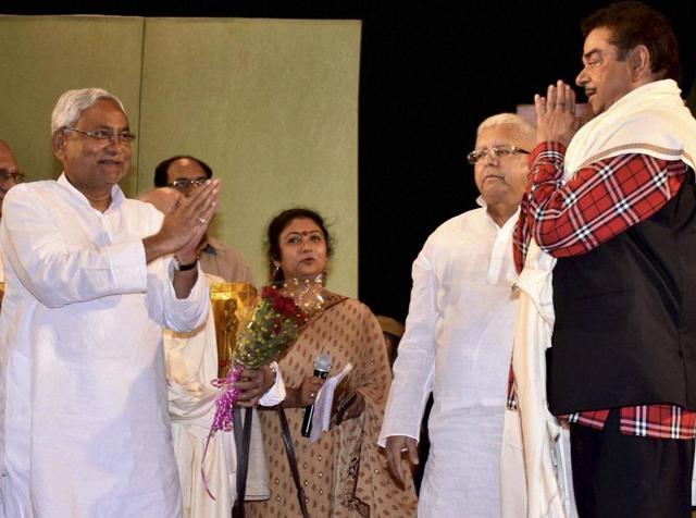 BJP MP Shatrughan greets Bihar chief minister Nitish Kumar and RJD chief Lalu Prasad at a function in Patna. (PTI) BJP MP Shatrughan greets Bihar chief minister Nitish Kumar and RJD chief Lalu Prasad at a function in Patna. (PTI)