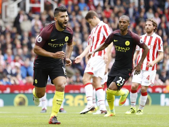 Manchester City's Sergio Aguero celebrates scoring their second goal with team mates. (REUTERS) Manchester City's Sergio Aguero celebrates scoring their second goal with team mates. (REUTERS)